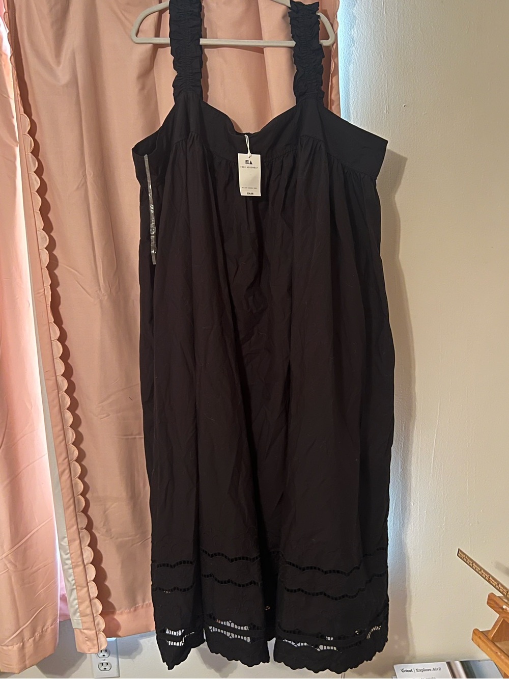 NWT Free Assembly Black Maxi Sundress with Eyelet Trim & Smocked Straps